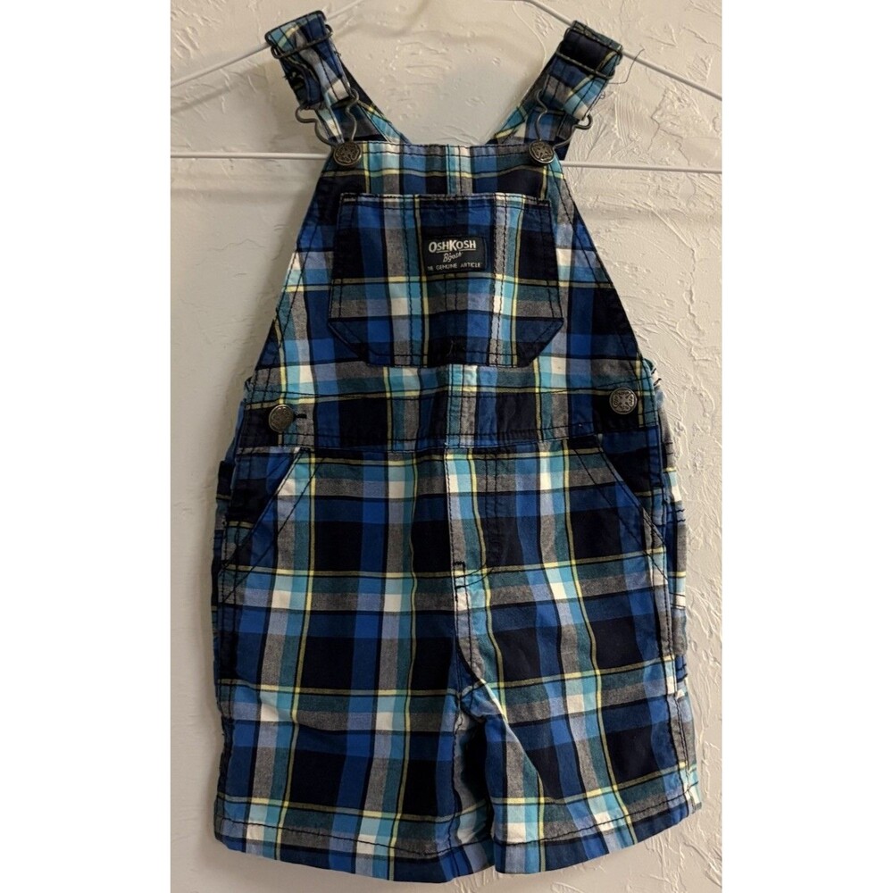 OshKosh B'gosh Boys Blue Plaid Cotton Woven Sleeveless Button Overalls 9-12M